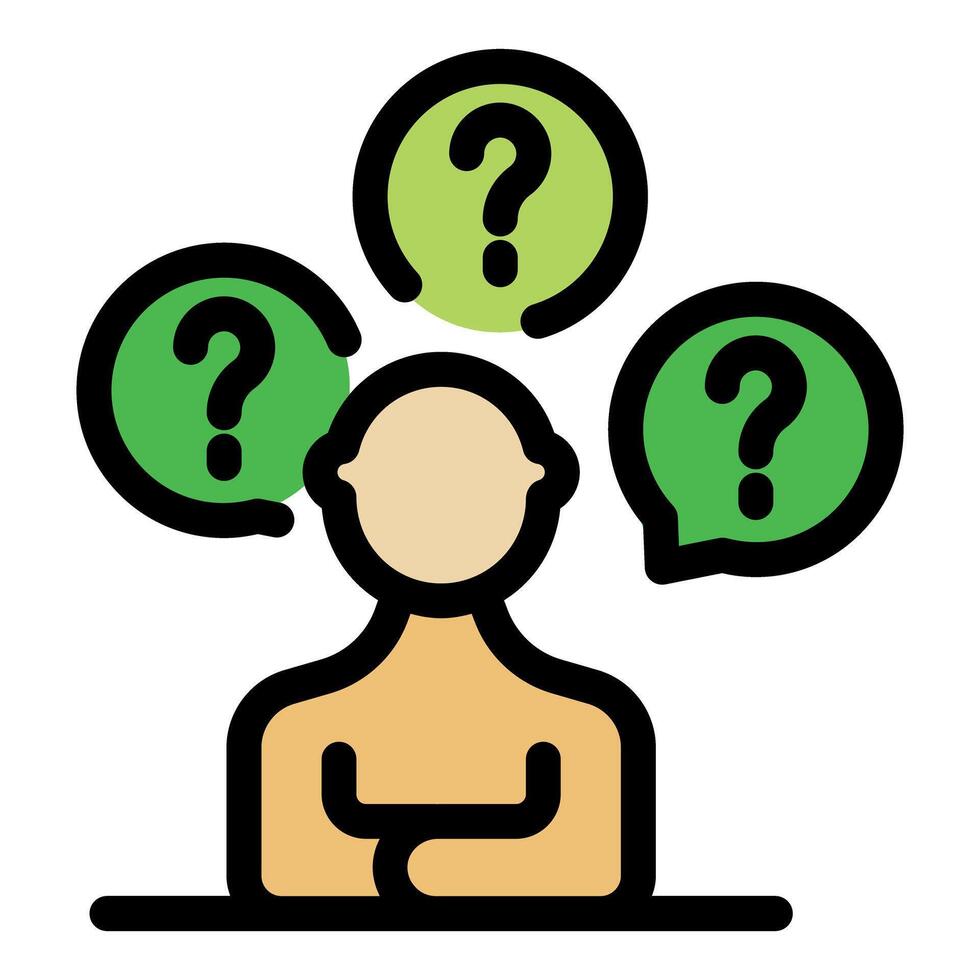 Person thinking and questioning with question marks surrounding head vector
