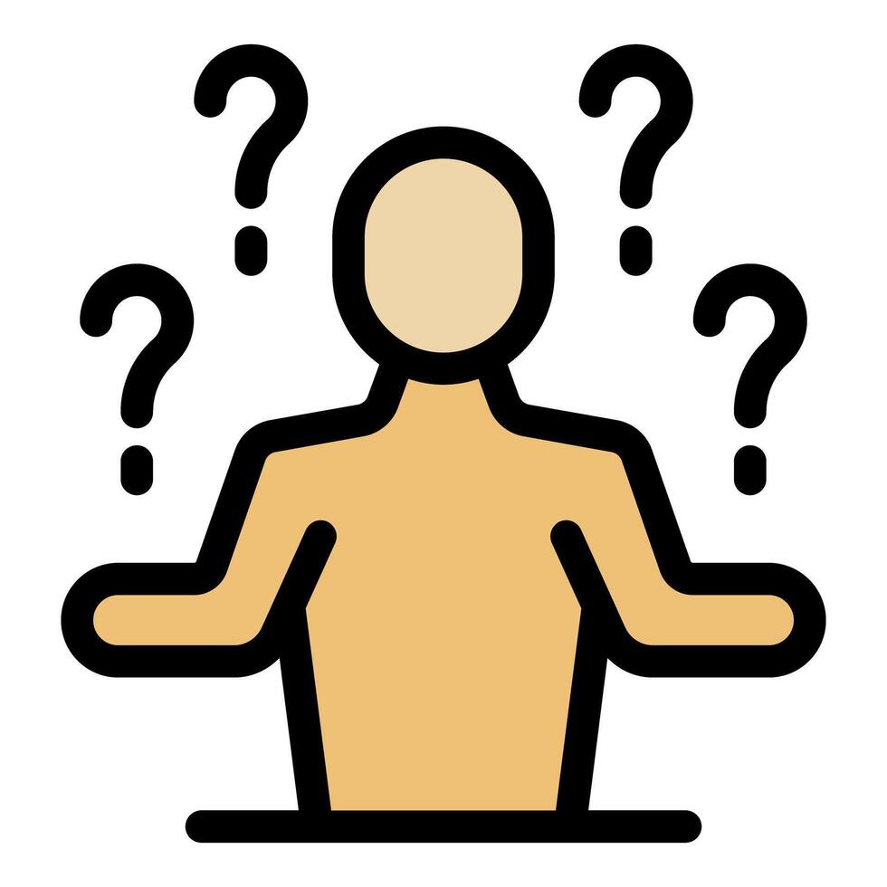 Person shrugging shoulders raising hands surrounded by question marks, expressing confusion and uncertainty vector
