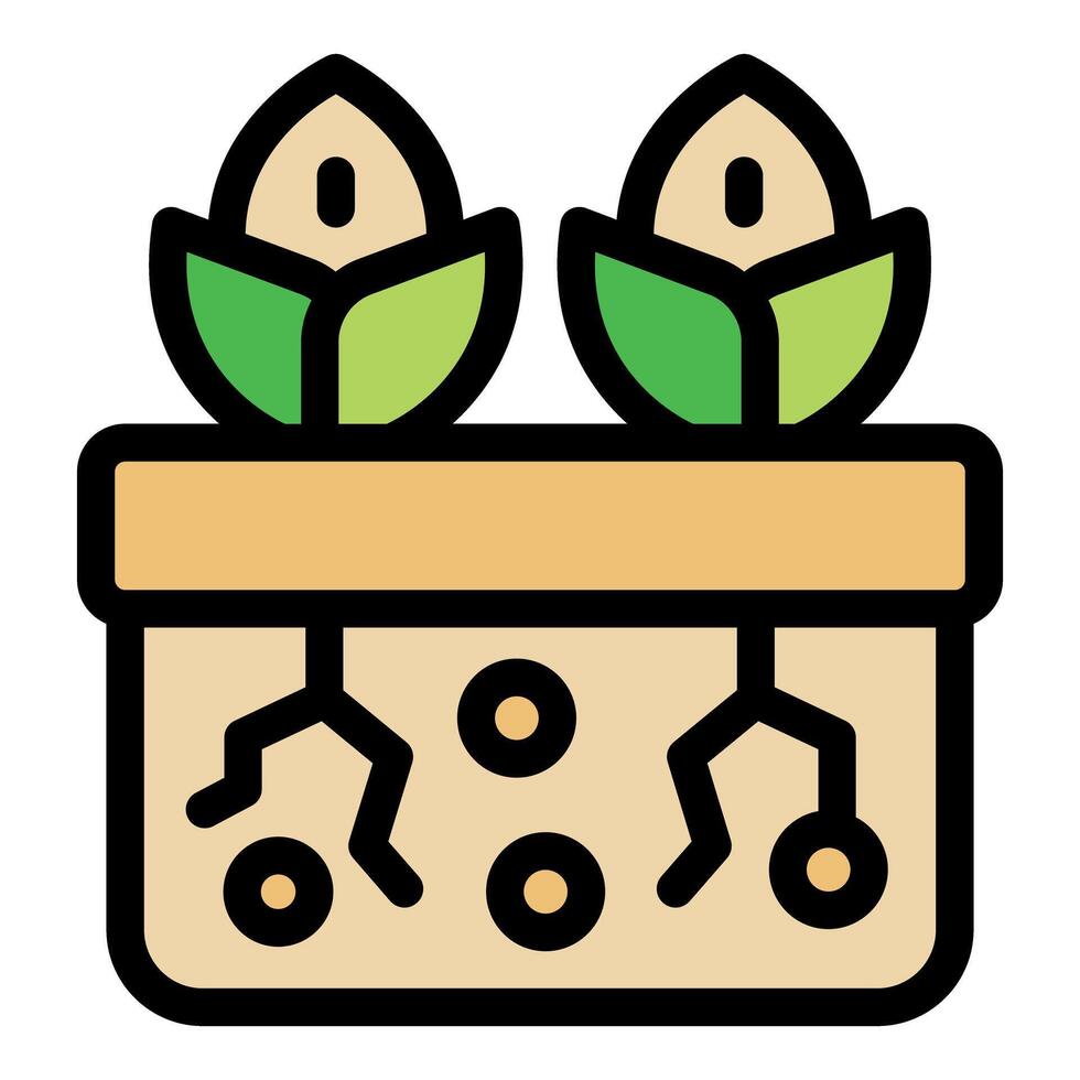Two seedlings growing in a pot with visible roots and soil vector