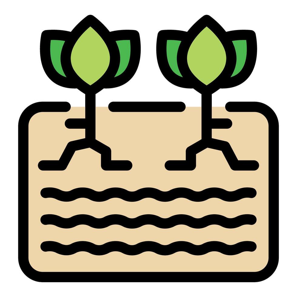 Two seedlings growing in square of fertile soil with water below vector