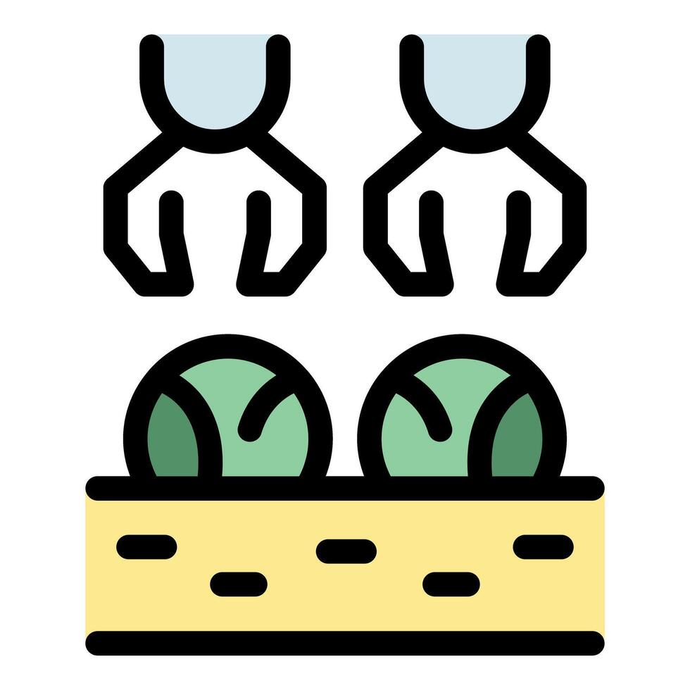 Smart farm robotic arms planting seedlings in soil vector