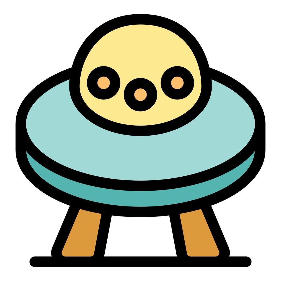 Alien spaceship hovering with three portholes and landing legs extended vector