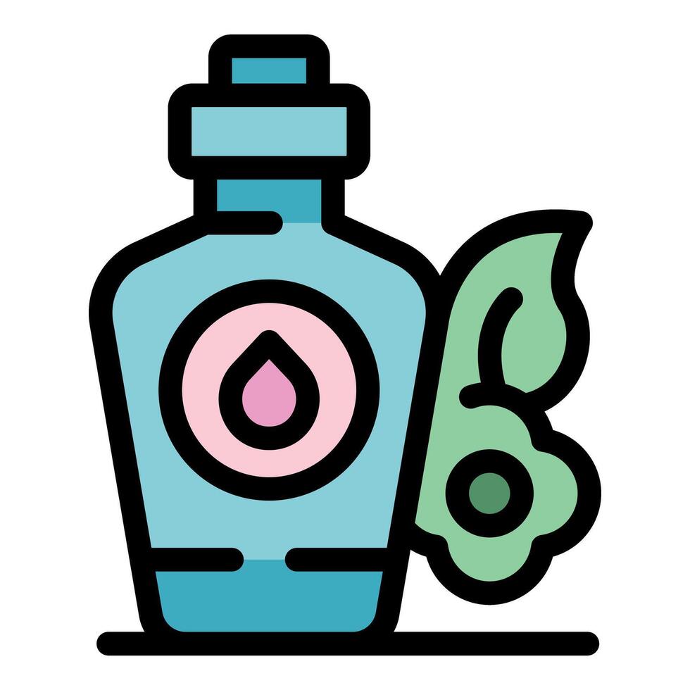 Essential oil bottle with drop symbol and leaves embracing natural essence vector