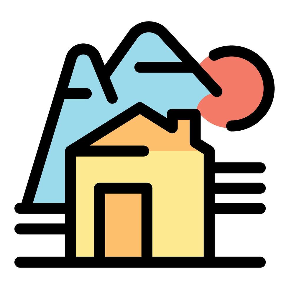 Cozy house nestled in mountain scenery with rising sun vector