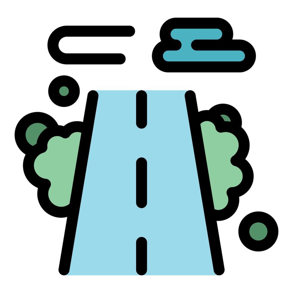 Straight road leading into distance with bushes and clouds, simple icon vector