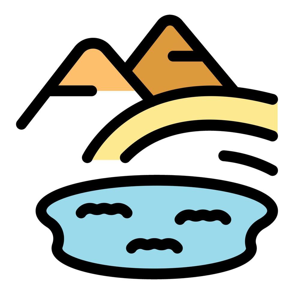 Desert oasis with mountains and water flowing into a pond vector
