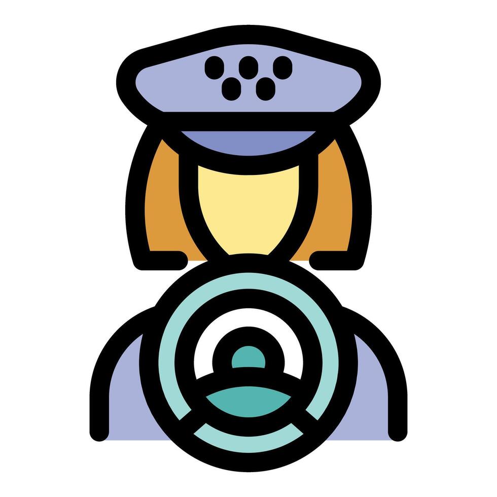 Female driver with steering wheel and uniform cap, driving skills and professionalism vector