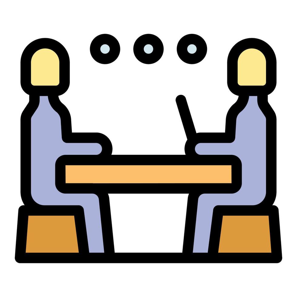 Two business people discussing at desk with laptop, collaborative teamwork in office environment vector