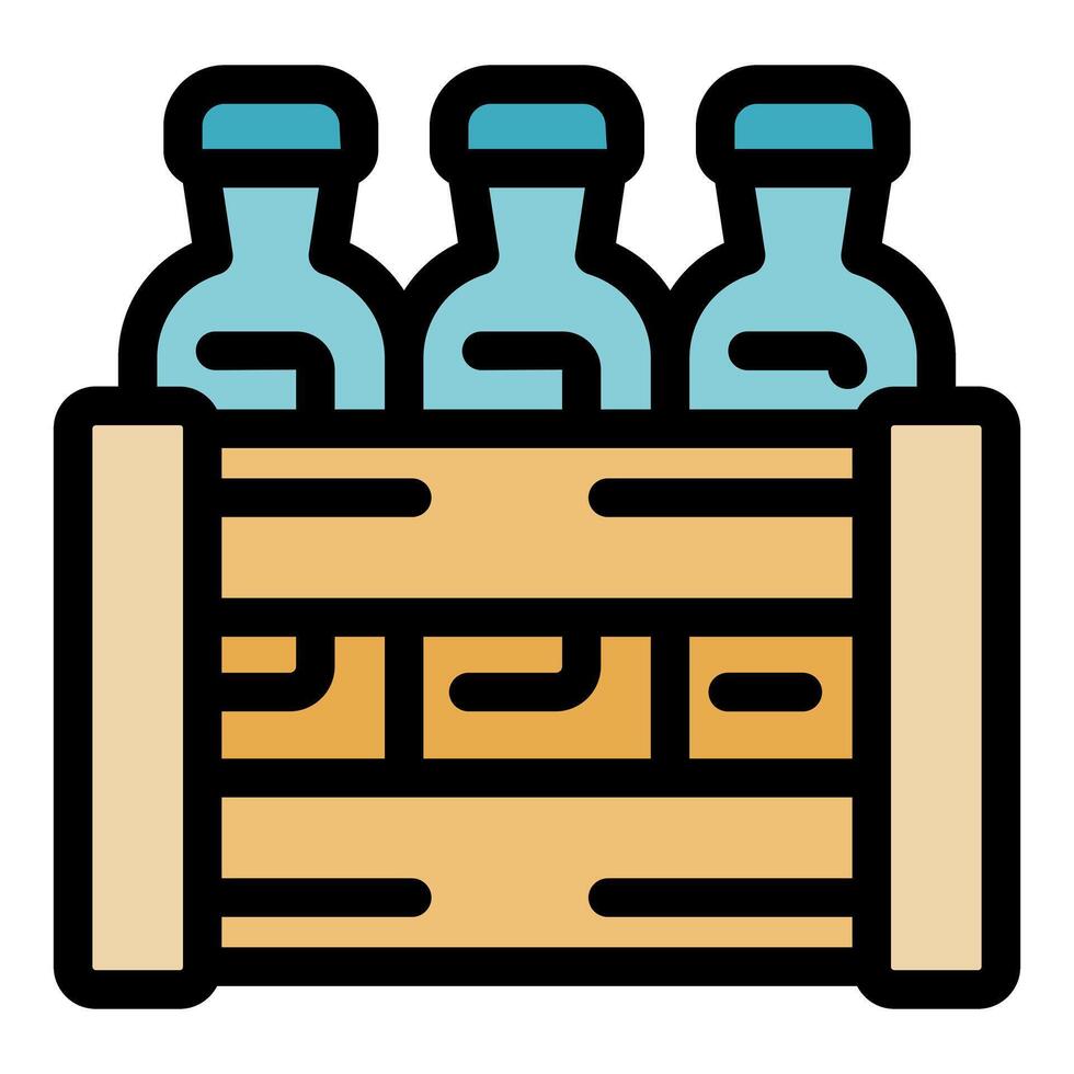 Wooden crate holding glass bottles with blue caps vector
