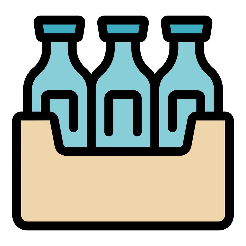 Cardboard box holding three glass bottles with blue screw caps vector