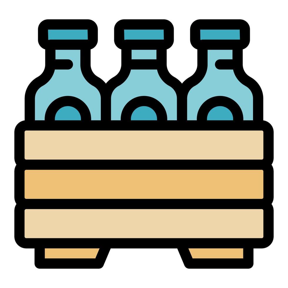 Three glass bottles inside wooden crate for packaging and shipping vector