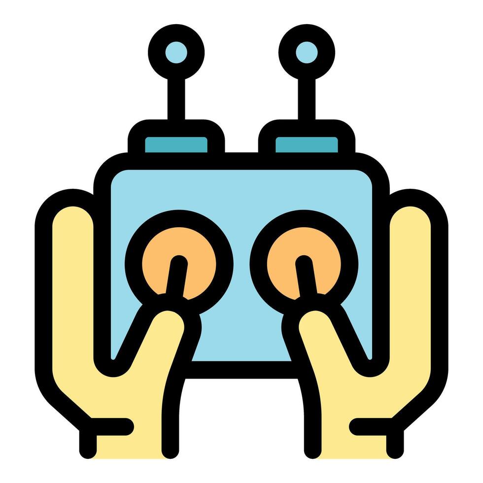 Hands holding wireless remote control with thumbs on joysticks vector