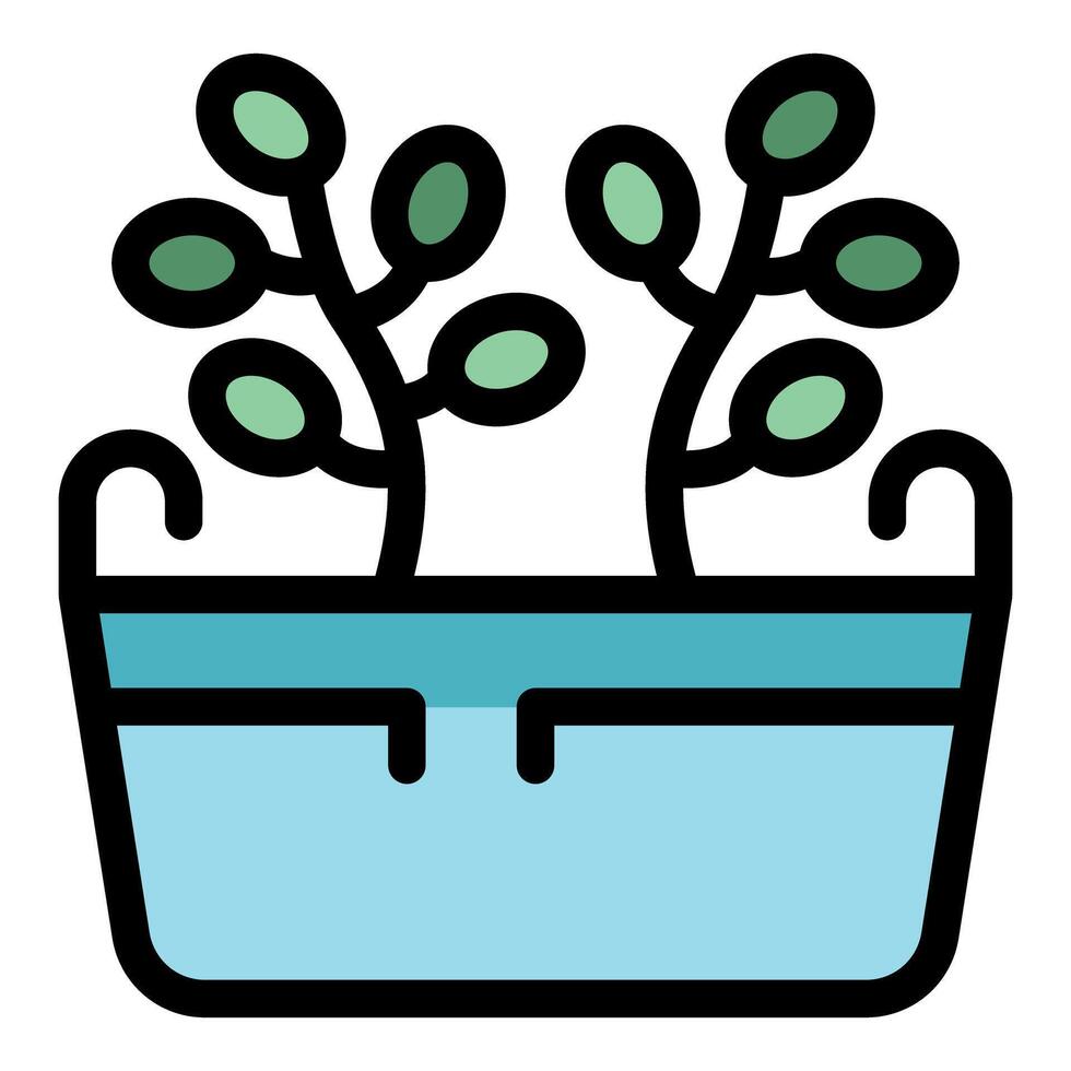 Two small plants growing in rectangular pot filled with water vector
