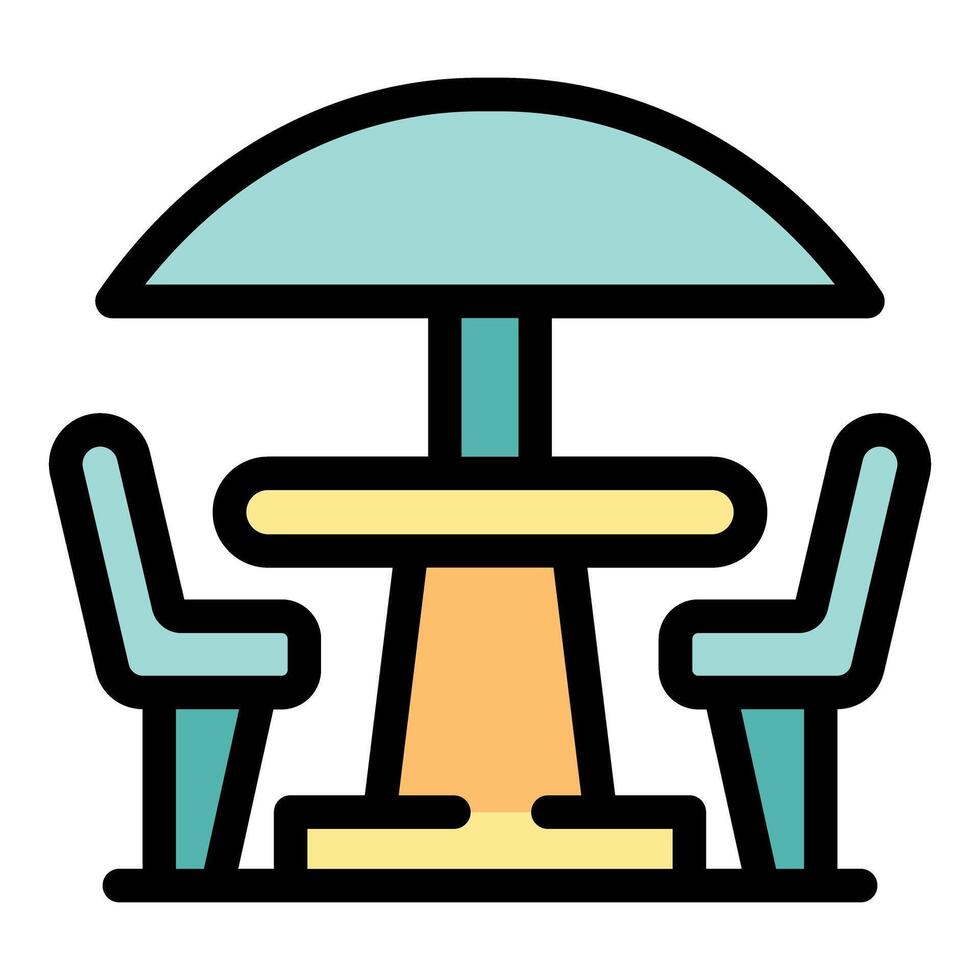 Street cafe table and chairs under umbrella, creating relaxing outdoor dining space vector