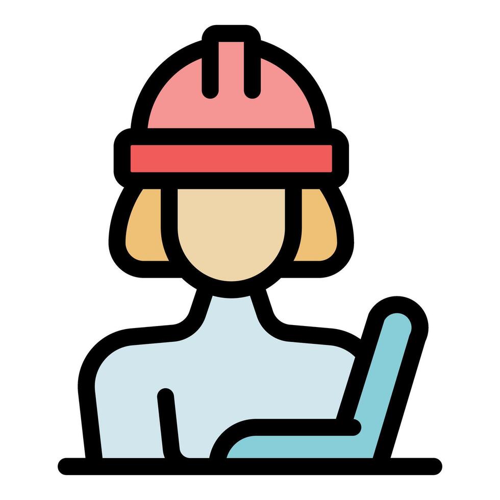 Female construction worker wearing protective helmet and using laptop vector