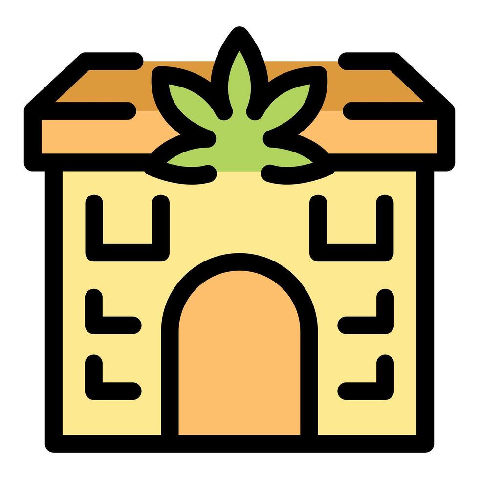 Cannabis store building with green cross sign growing on roof vector