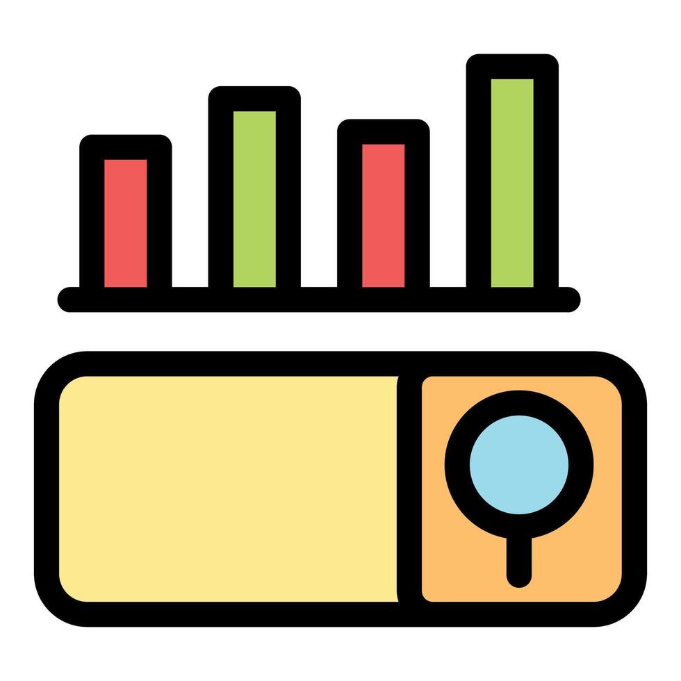 Data analysis magnifying glass focusing on progress shown by growing bar chart vector