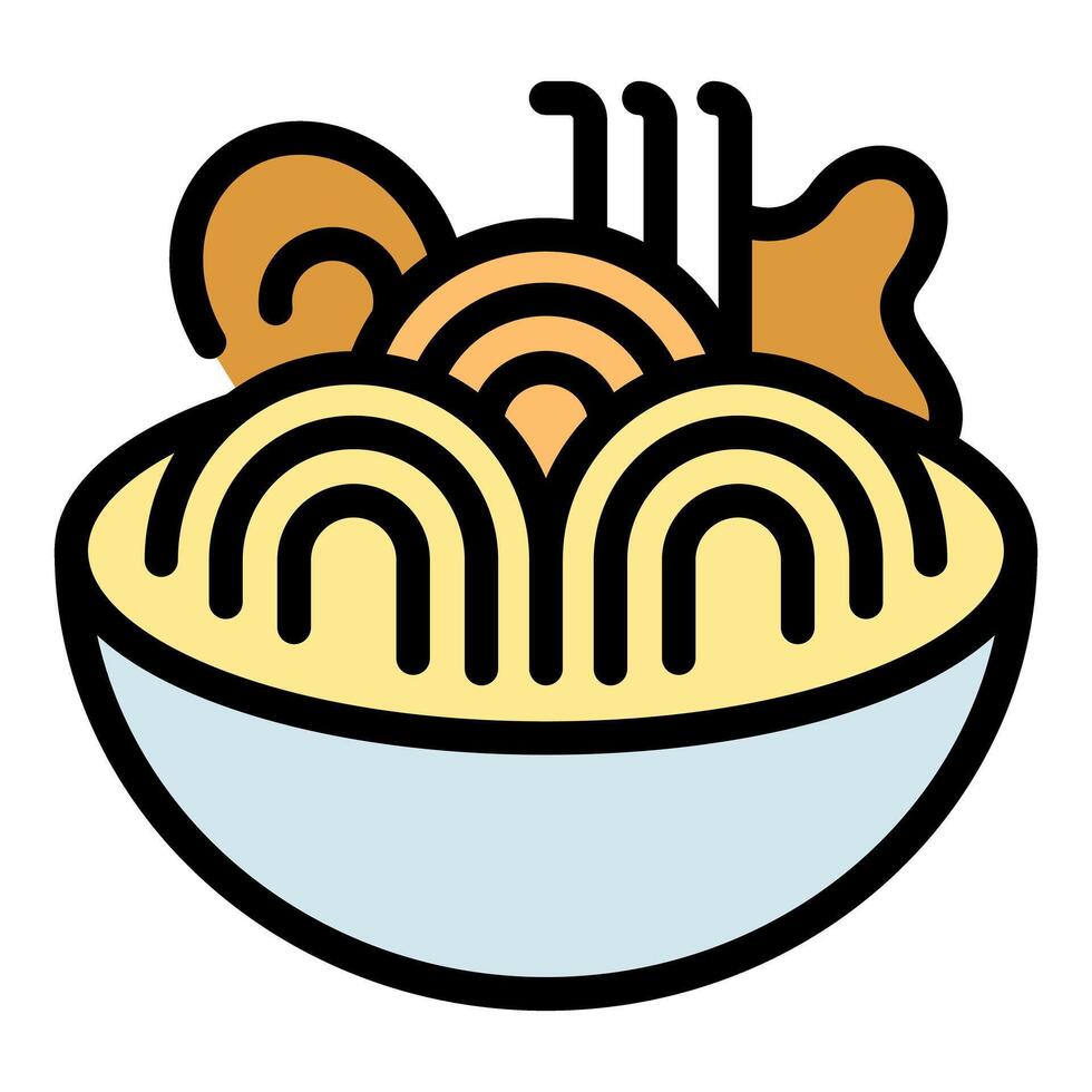Steaming hot bowl of ramen noodles with chicken and mushrooms, ready to eat vector