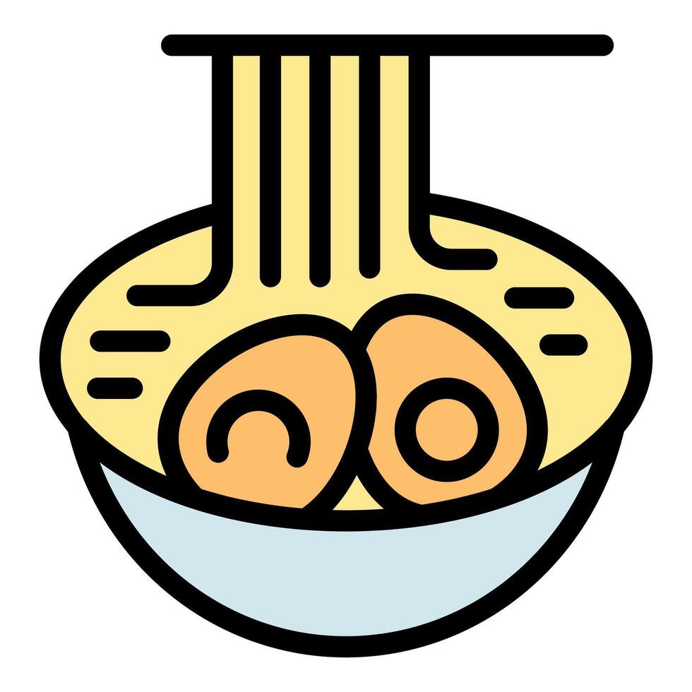 Ramen noodles falling into bowl with eggs and broth, japanese cuisine vector