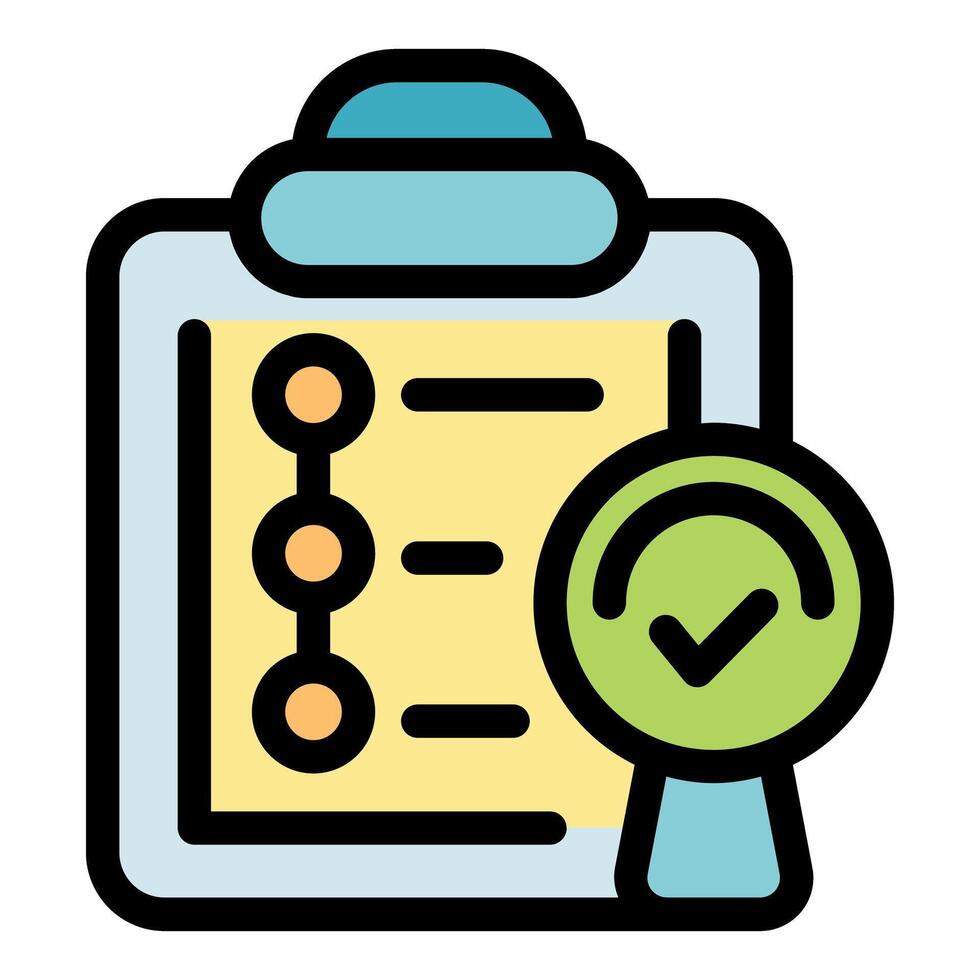 Clipboard with checklist and magnifying glass showing check mark, completing tasks successfully vector