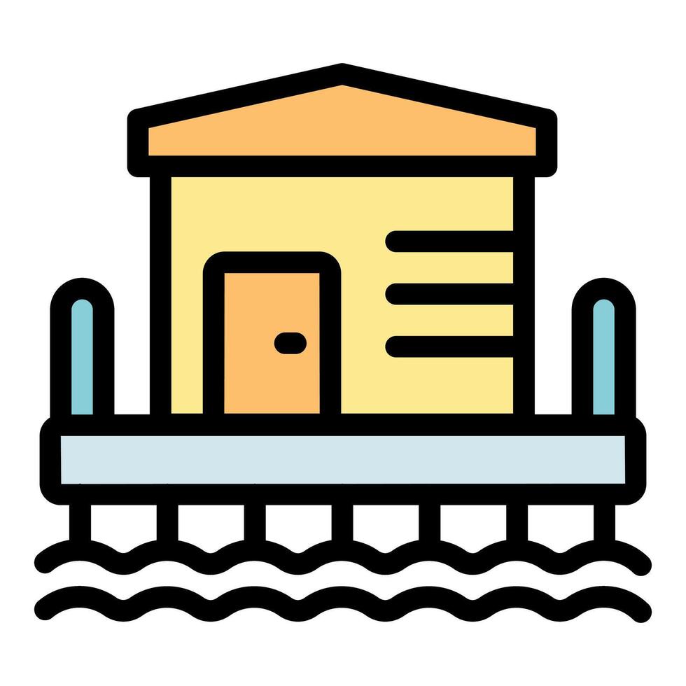 Bungalow standing on wooden pier over water with wavy surface vector