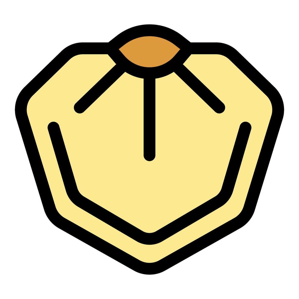 Pentagon shaped button with light yellow background and orange center emitting three rays of light vector