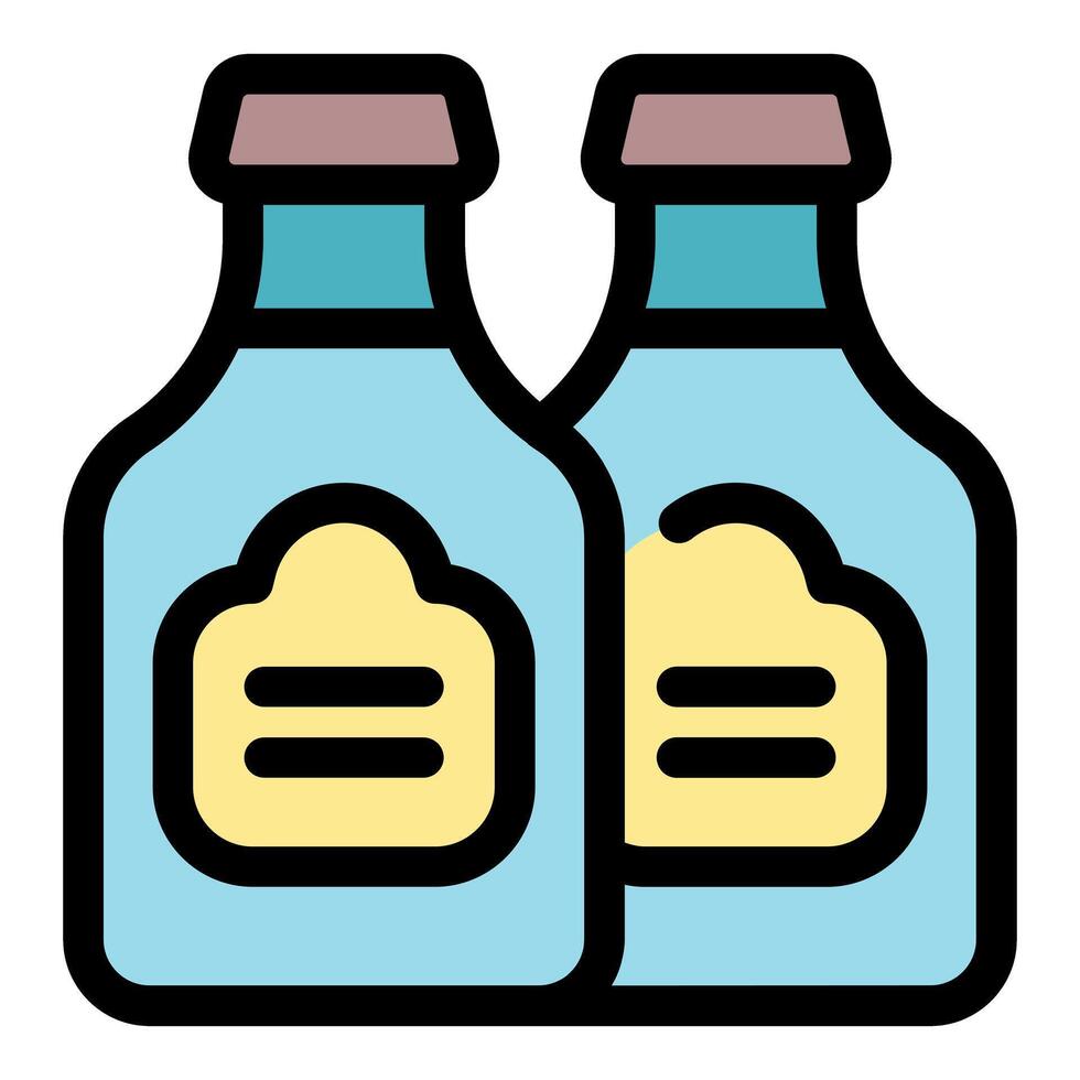 Two blue bottled products with yellow labels containing two horizontal black lines vector