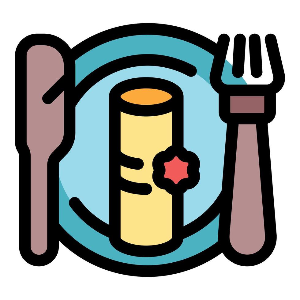 Fork and knife pointing at rolled pastry on plate vector