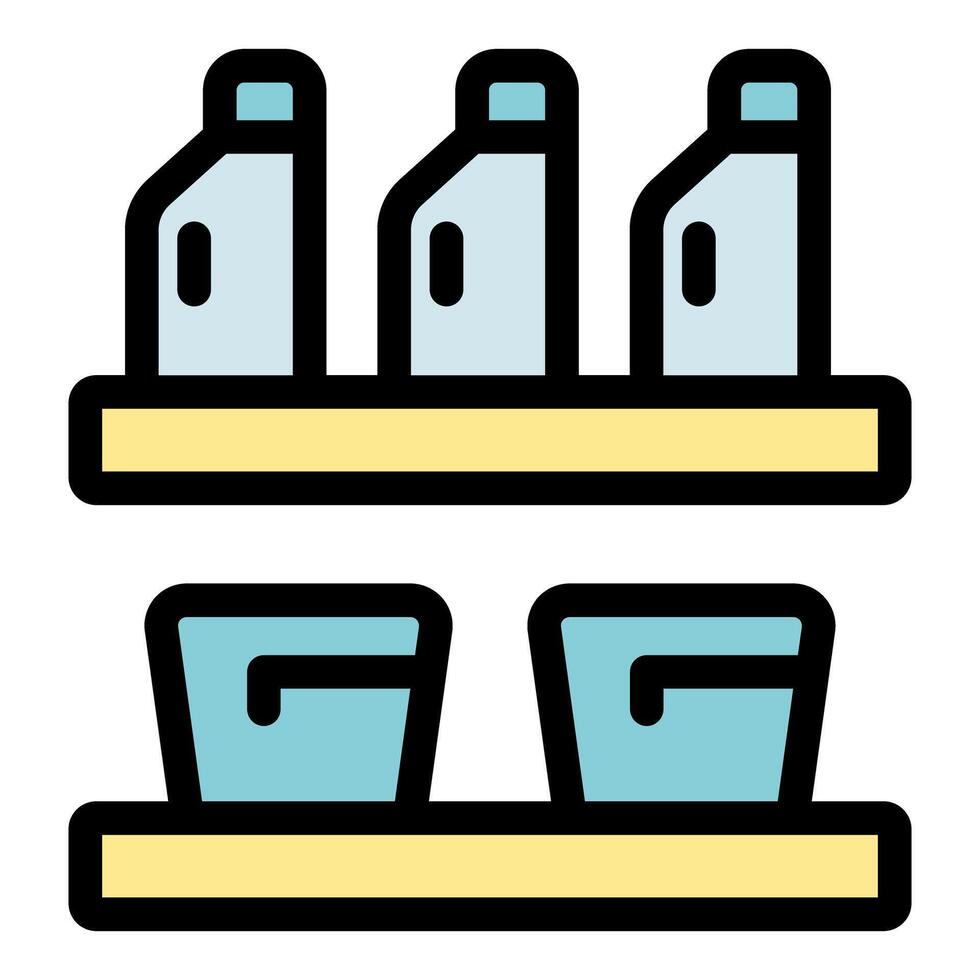 Supermarket shelves storing bottles and boxes of food or cleaning products vector