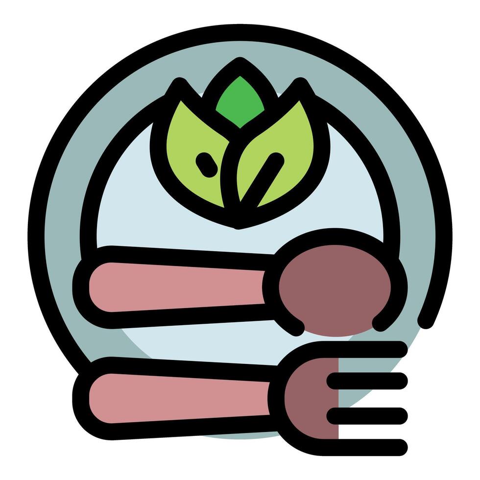 Spoon and fork lying on plate with green leaves promoting healthy eating vector