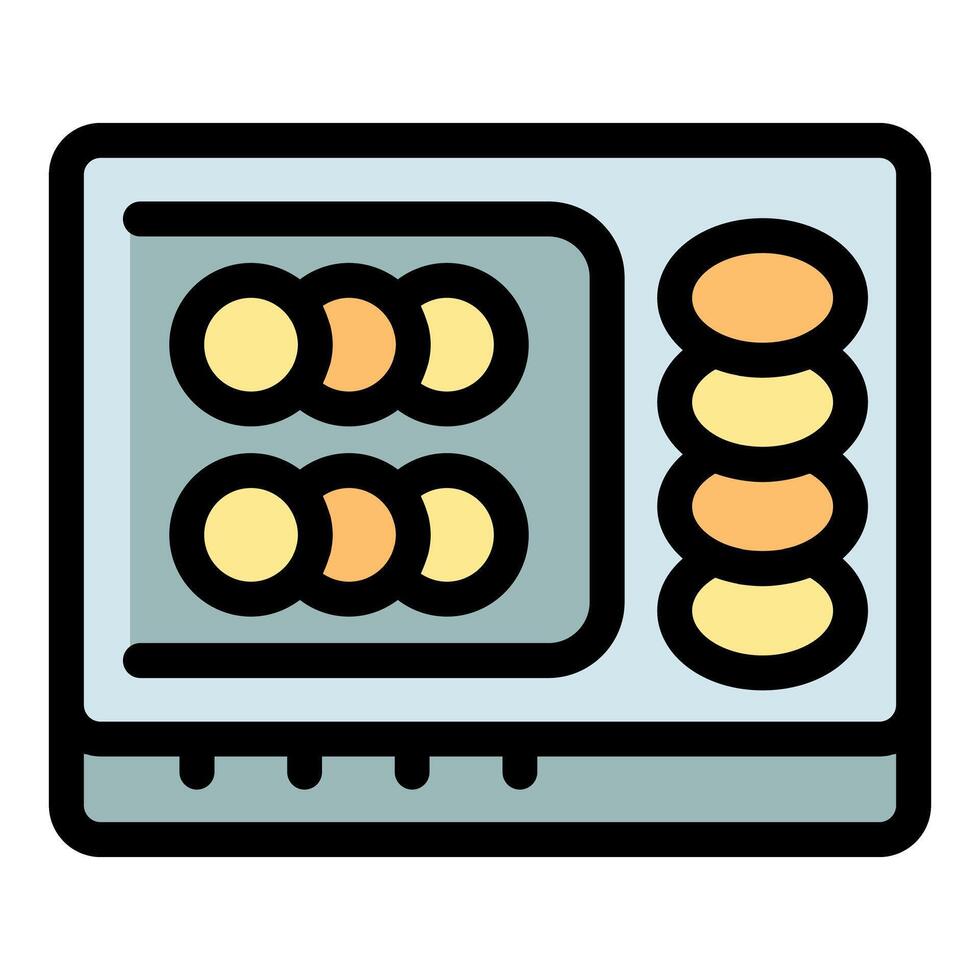 Cookies baking in oven with stacked cookies beside, freshly baked cookies cooling vector