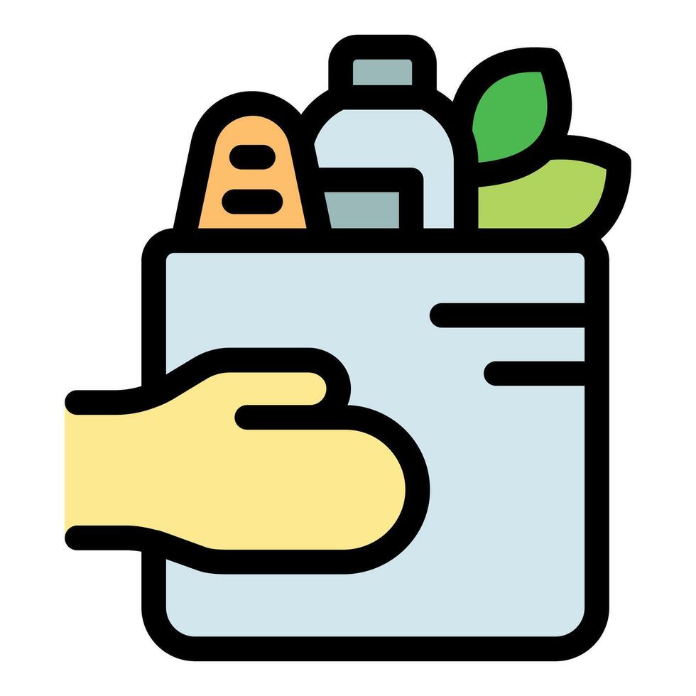 Courier delivering groceries in paper bag, milk, bread and lettuce vector