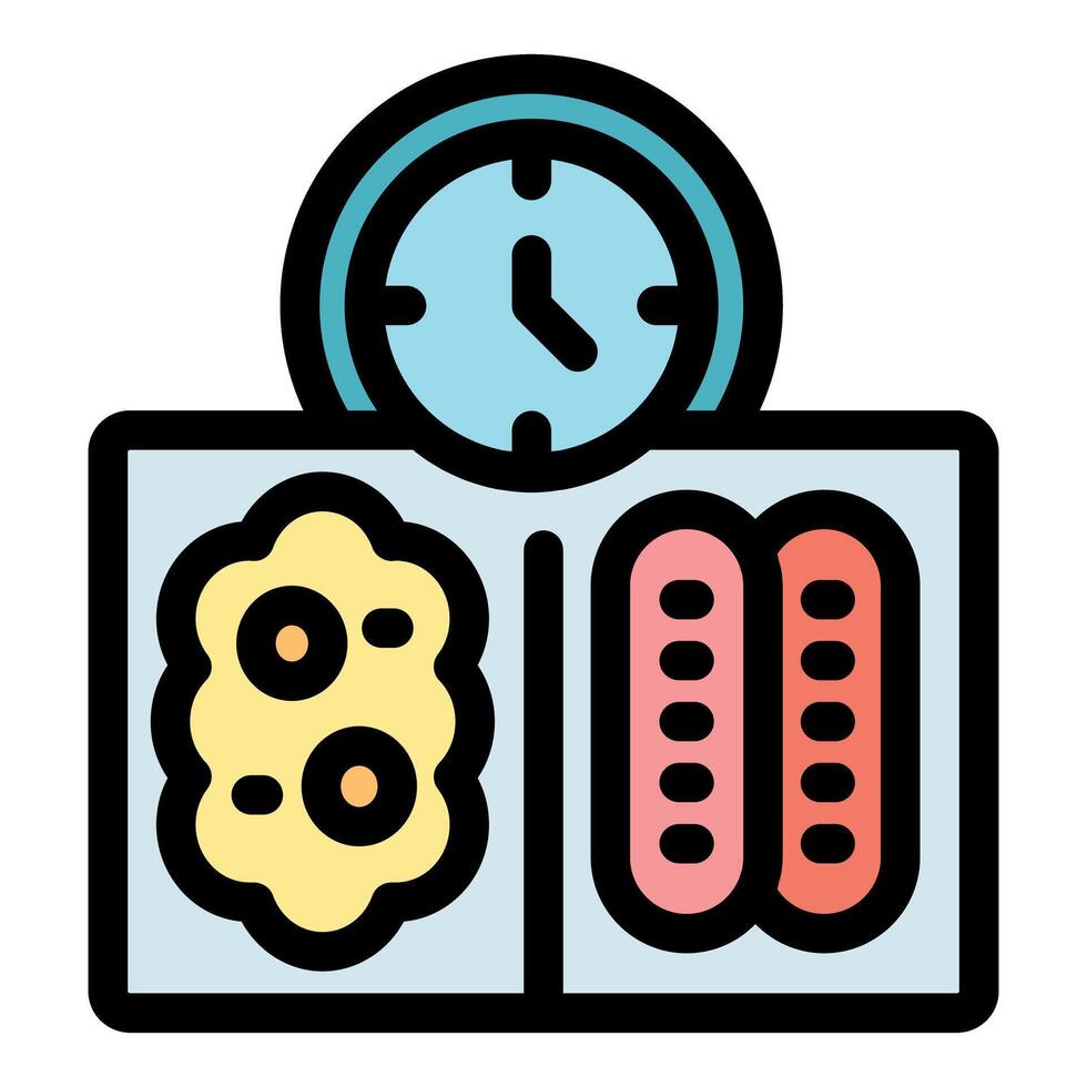 Lunchbox with sausages, scrambled eggs and clock showing lunch time vector
