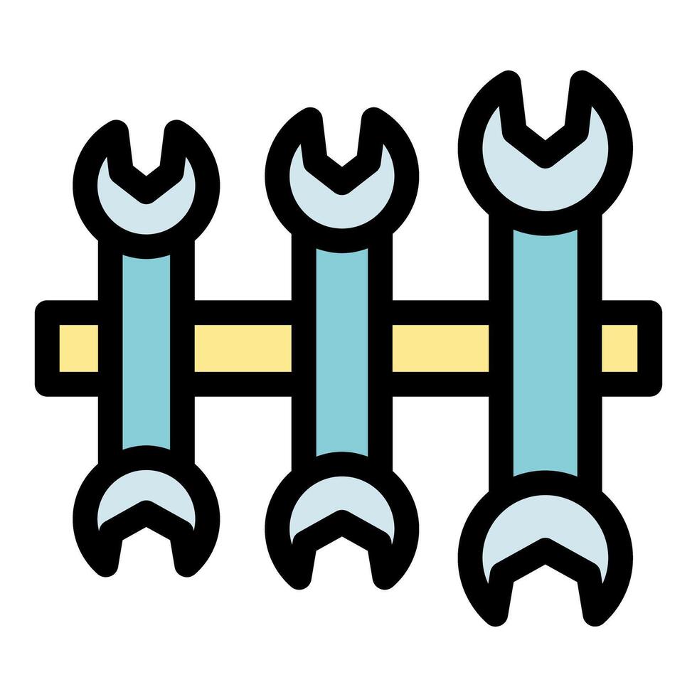 Mechanic tools wrenches hanging on wooden board garage organization vector