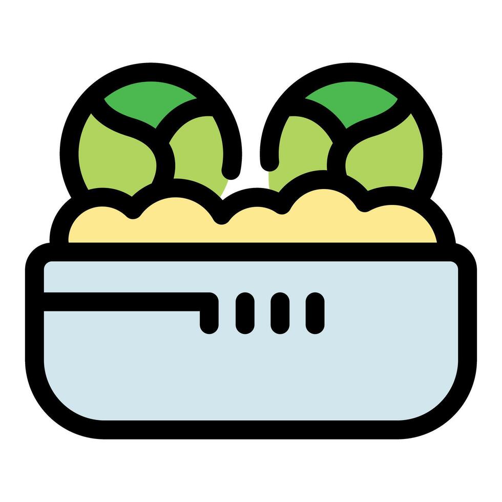 Brussels sprouts growing in potting soil inside plastic container vector