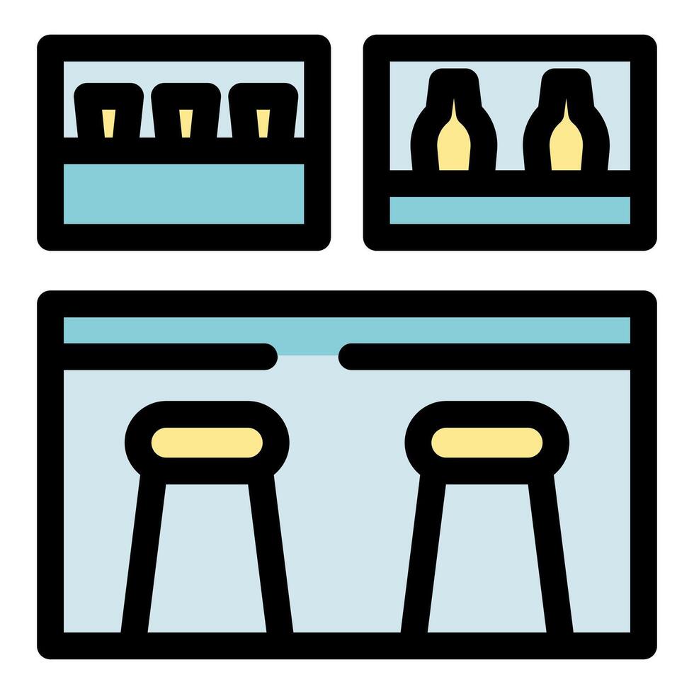 Bar counter with stools and shelves holding glasses and bottles vector