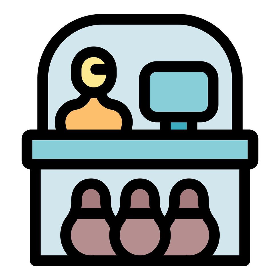 Bowling club employee managing bowling shoes rentals using computer software vector
