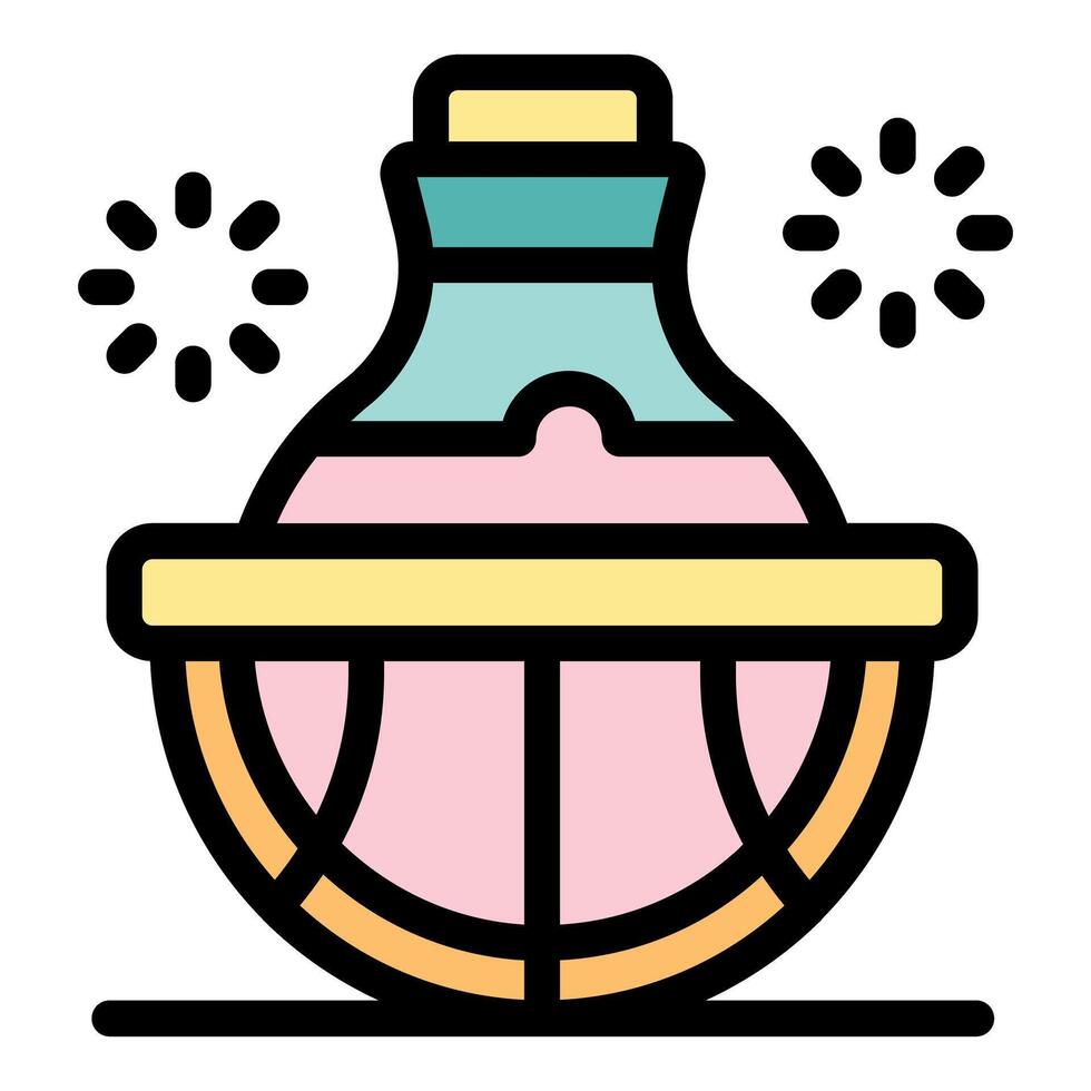 Magic potion brewing in a glass flask supported by a wooden stand, sparkling effects vector