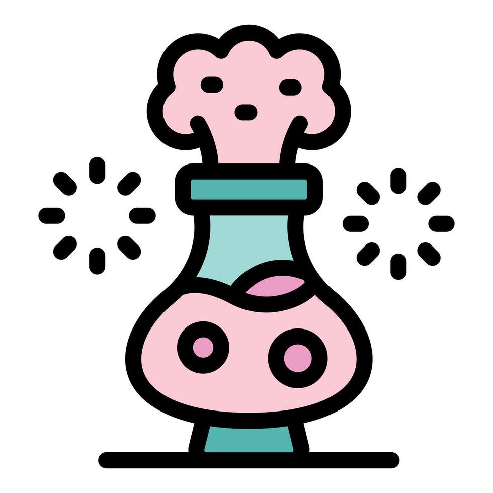 Chemical reaction experiment with fuming pink liquid in glass flask vector