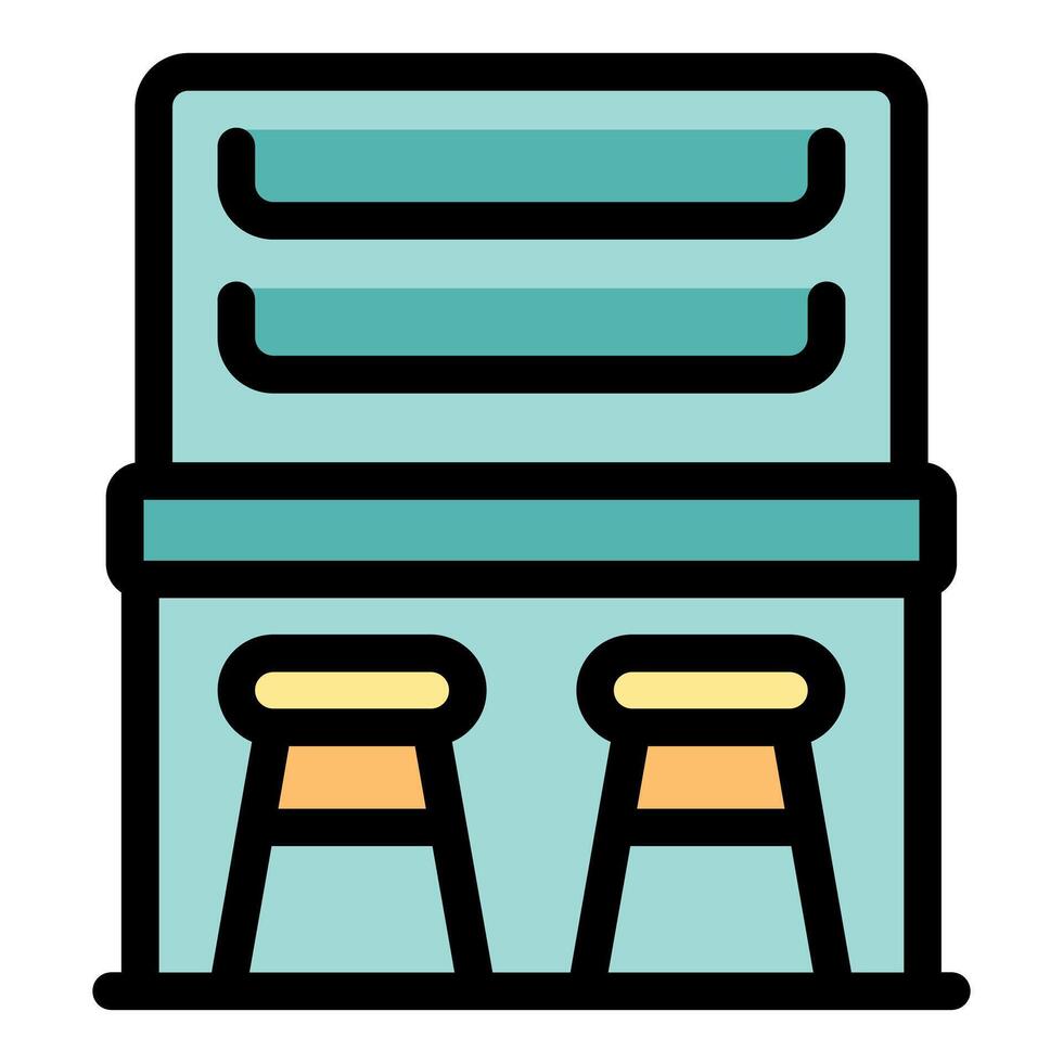 Bar counter with stools and shelves displaying drinks and snacks vector
