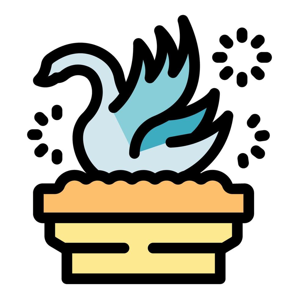 Swan sitting on nest with sparkling stars, simple icon of bird protecting eggs vector