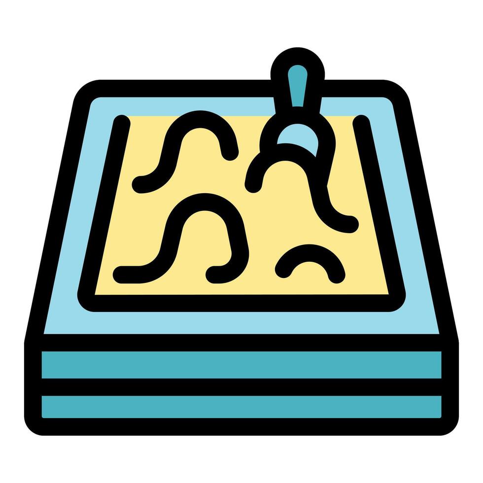 Sandbox with shovel creating wavy sand patterns, playing with sand in kindergarten or preschool vector