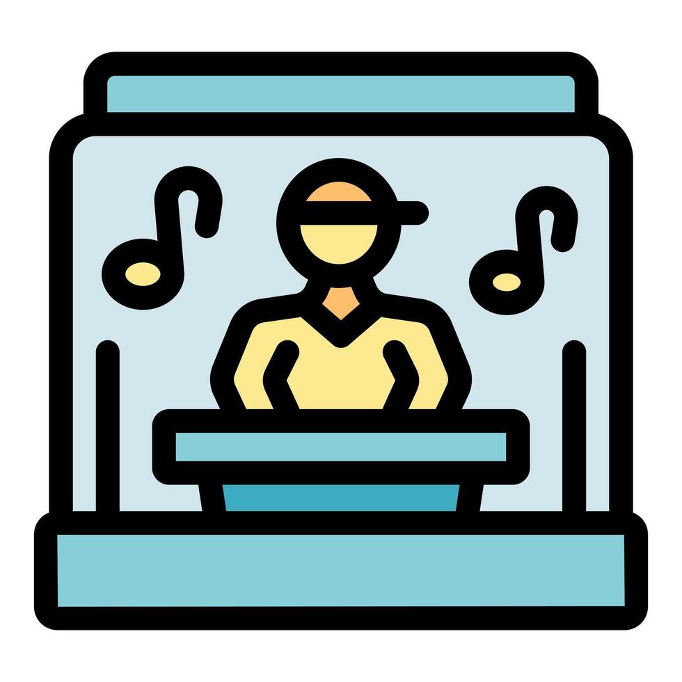 Dj playing music at console with musical notes icon vector