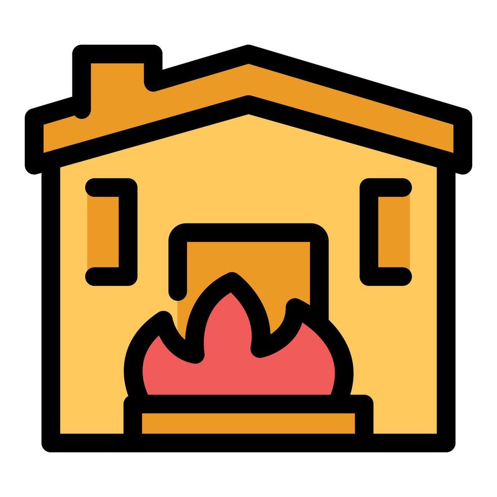 House burning with fire coming out of open door, home destruction and emergency concept vector