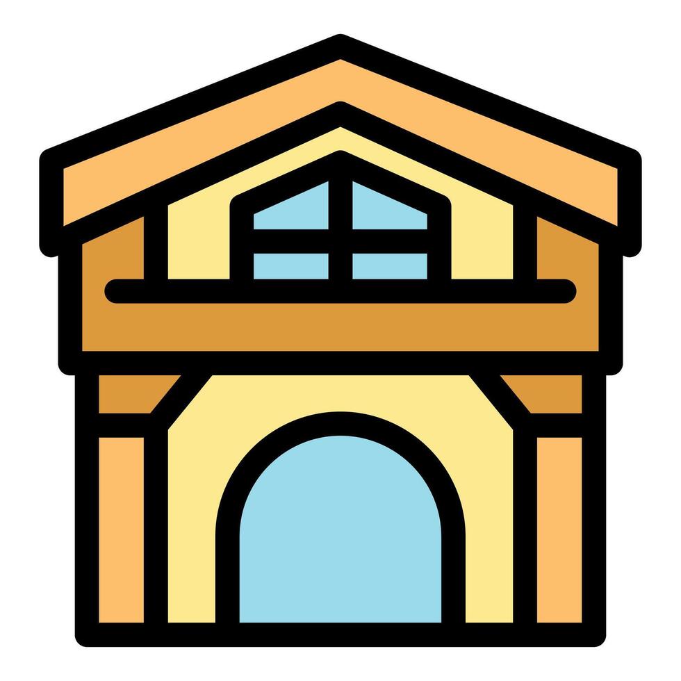 Two story building with arch and balcony featuring cross shaped window vector