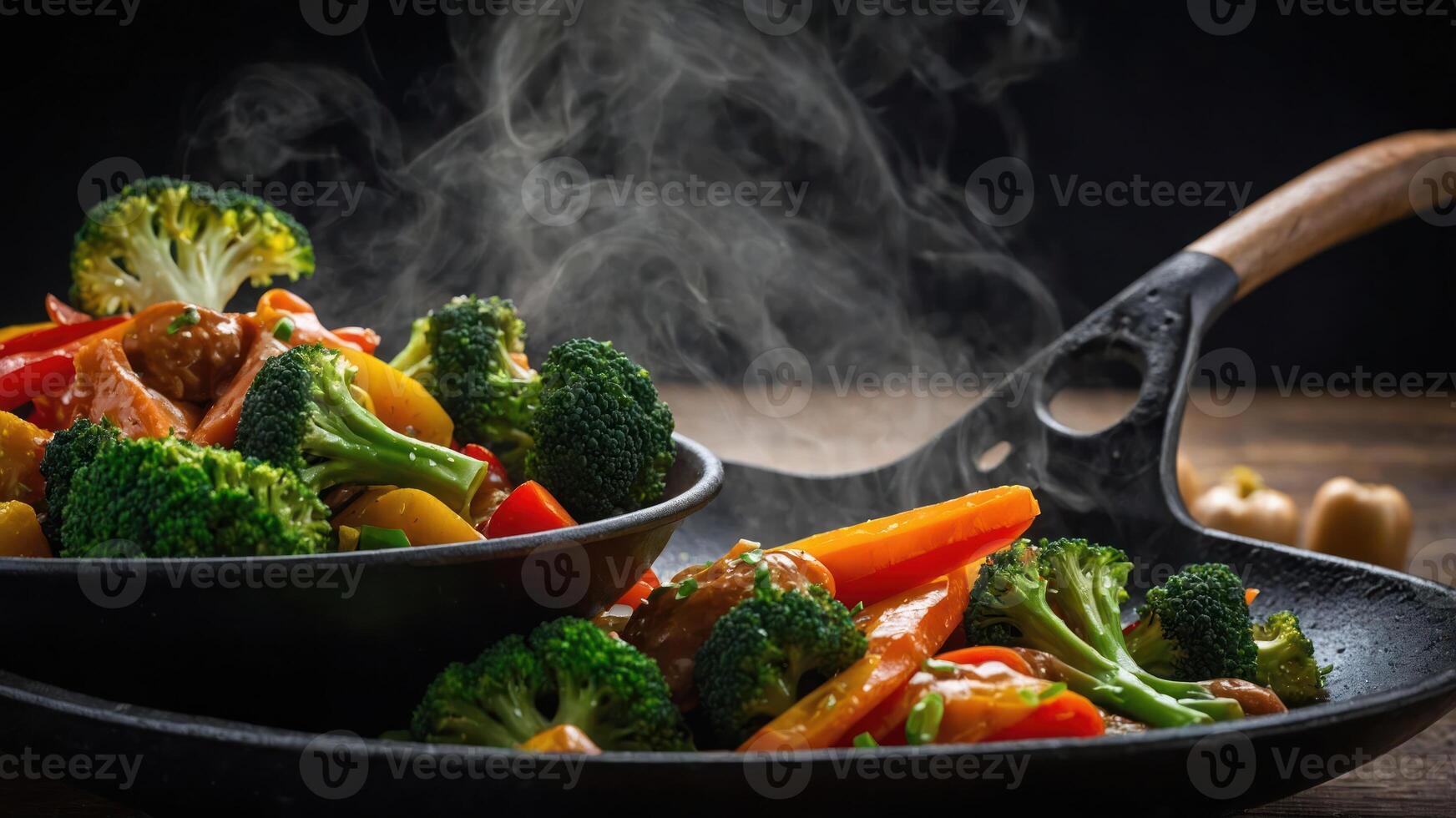 A sizzling stir-fry with colorful vegetables in a skillet, emitting steam. photo