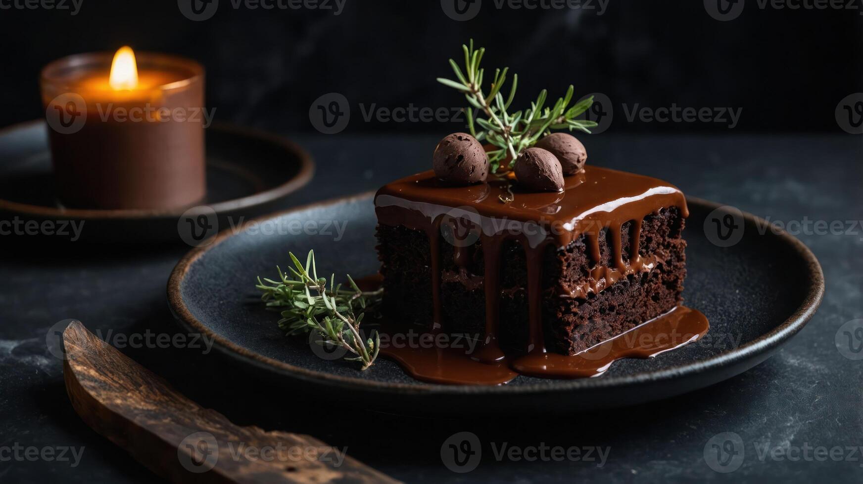 A decadent chocolate cake slice with sauce, garnished with herbs and truffles. photo