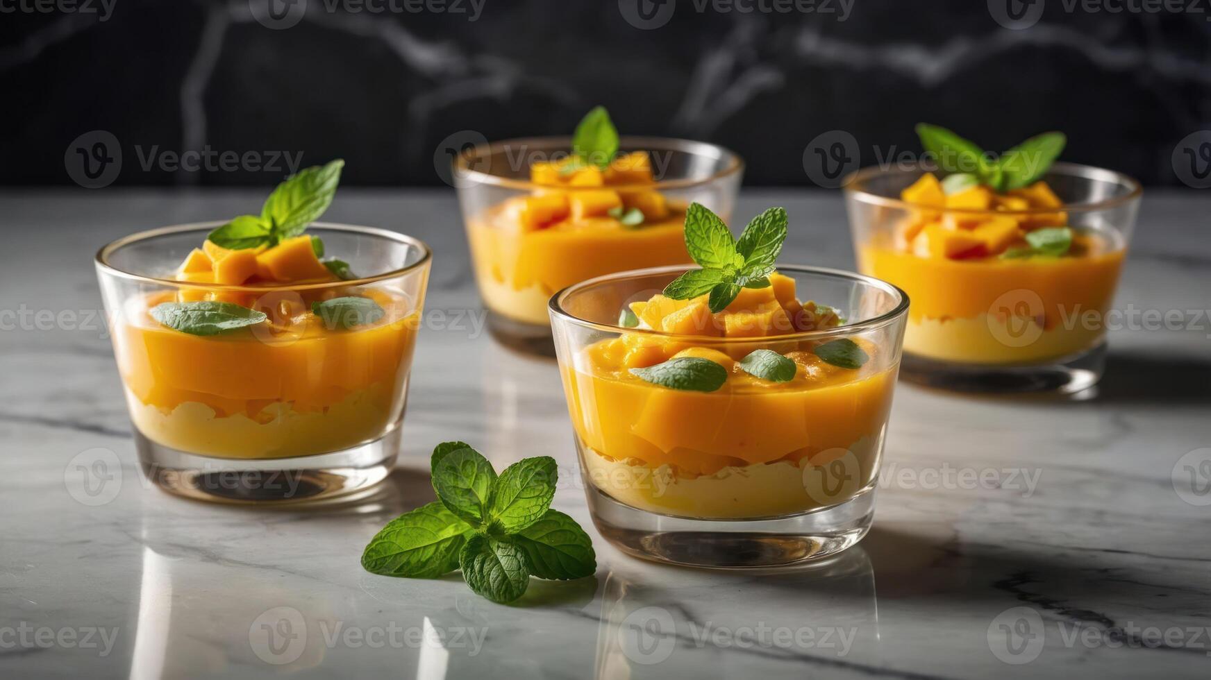 A delightful dessert featuring mango pudding topped with mint and fresh mango pieces. photo