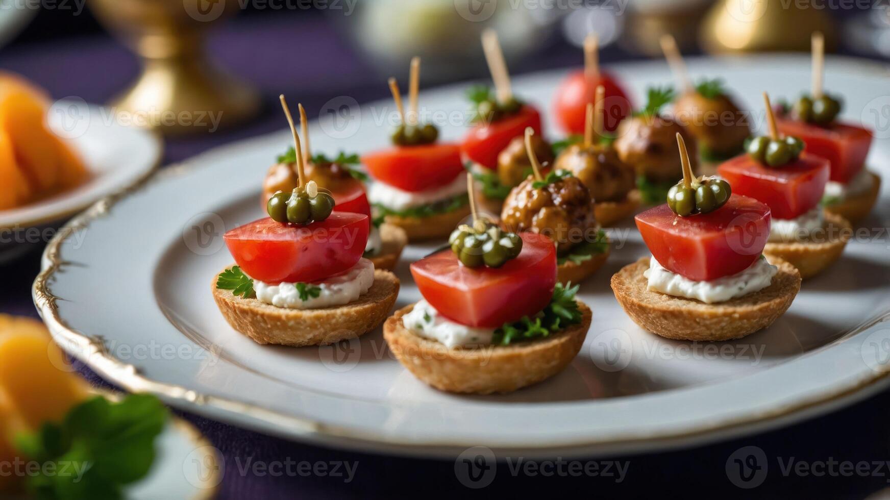 A platter of elegant appetizers featuring tomatoes, olives, and creamy toppings. photo