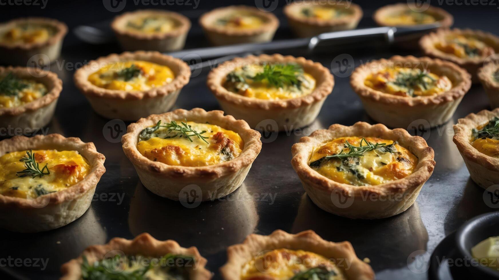 A tray of mini quiches, showcasing a variety of fillings and garnishes. photo